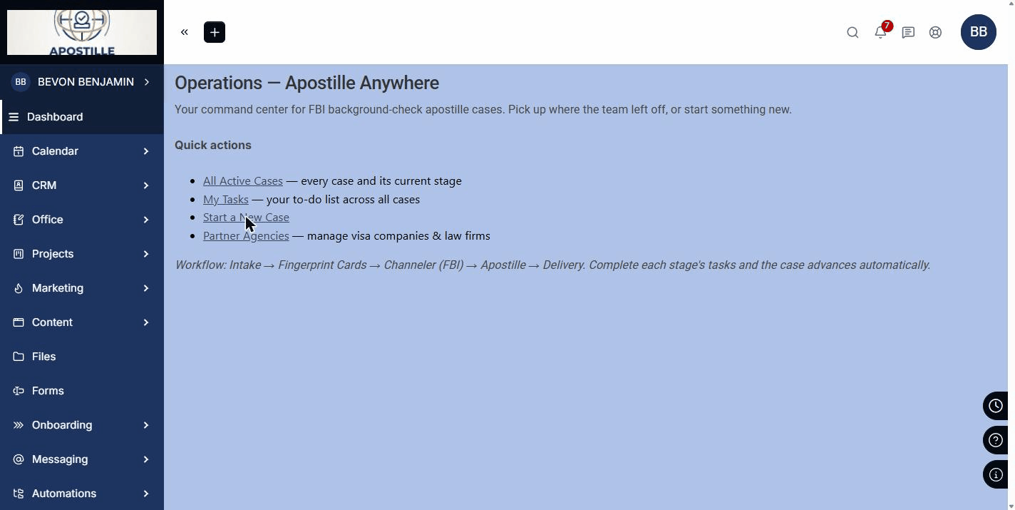 Portal de operaciones de Apostille Anywhere mostrando el seguimiento de documentos